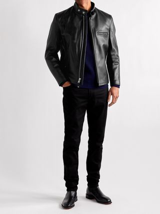 SCHOTT Classic Racer Slim-Fit Leather Biker Jacket — view 2
