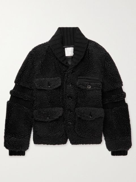 Sacai Faux Shearling and Ribbed Wool Varsity Jacket