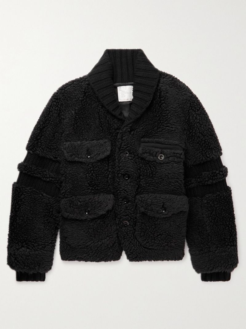 Sacai Faux Shearling and Ribbed Wool Varsity Jacket — view 1