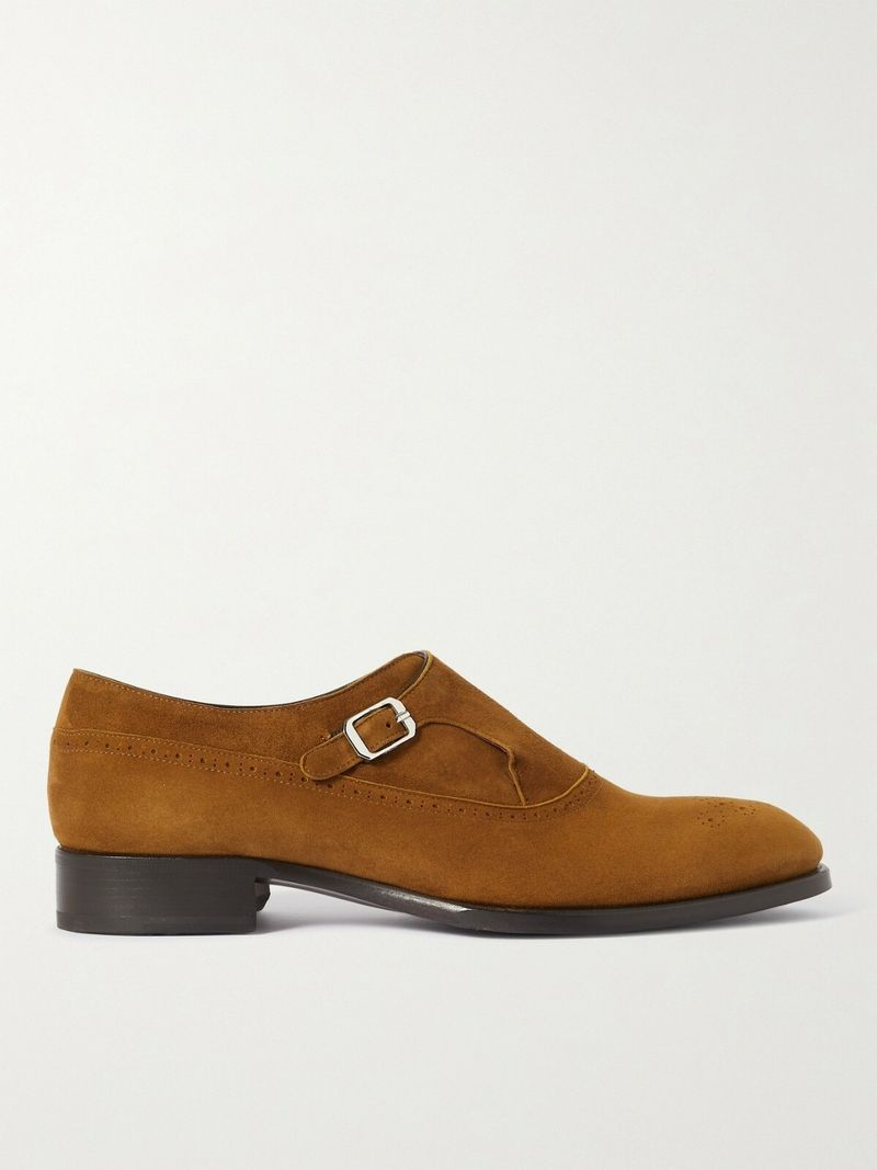 Brioni Suede Brogue Monk-Strap Shoes — view 1