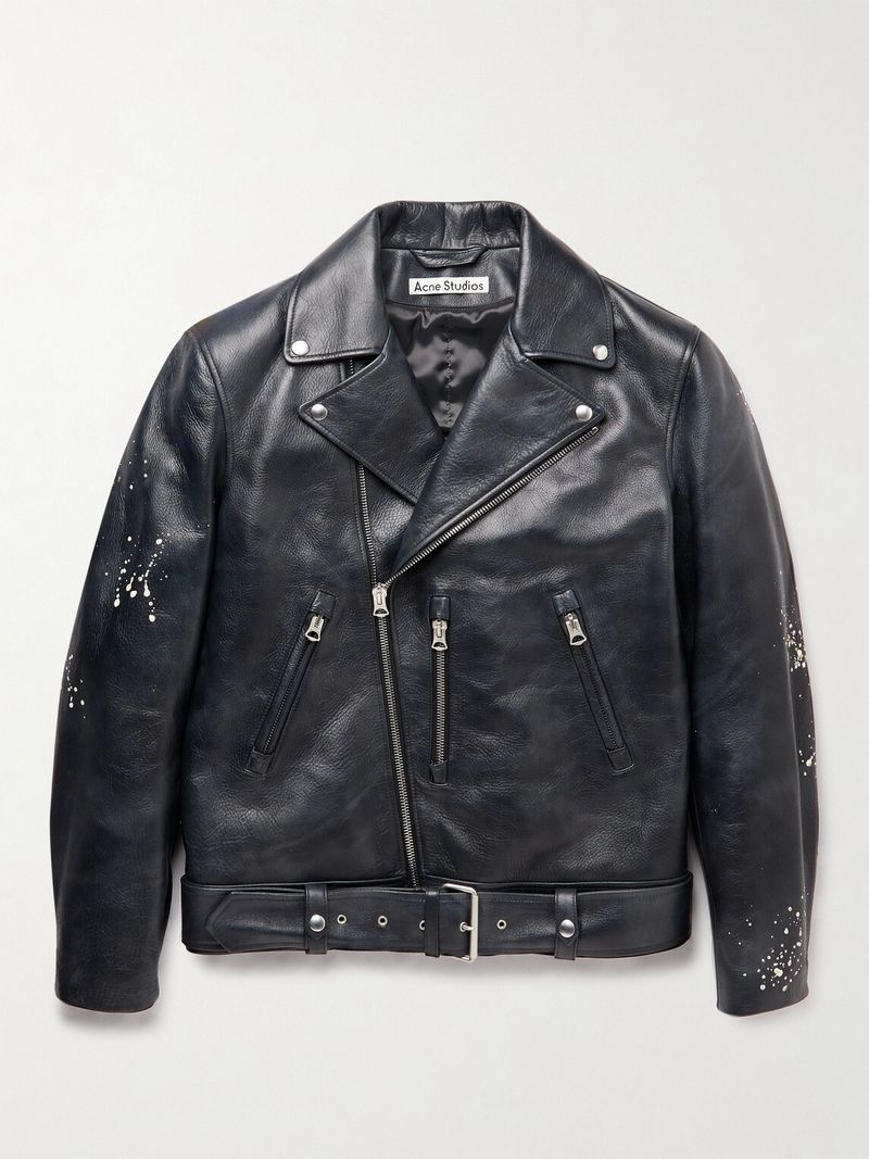 Acne Studios Belted Painted Leather Biker Jacket — view 1