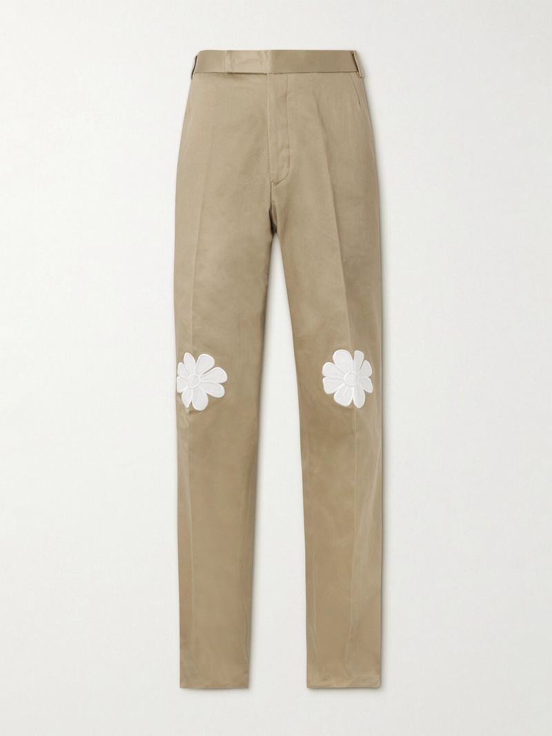 Thom Browne Straight-Leg Appliquéd Cotton-Gabardine Trousers — view 1