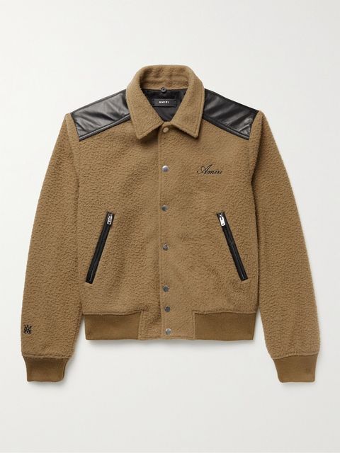 Flight Leather-Trimmed Logo-Embroidered Boiled Wool-Blend Bomber Jacket