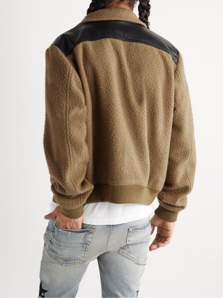 Flight Leather-Trimmed Logo-Embroidered Boiled Wool-Blend Bomber Jacket — view 4