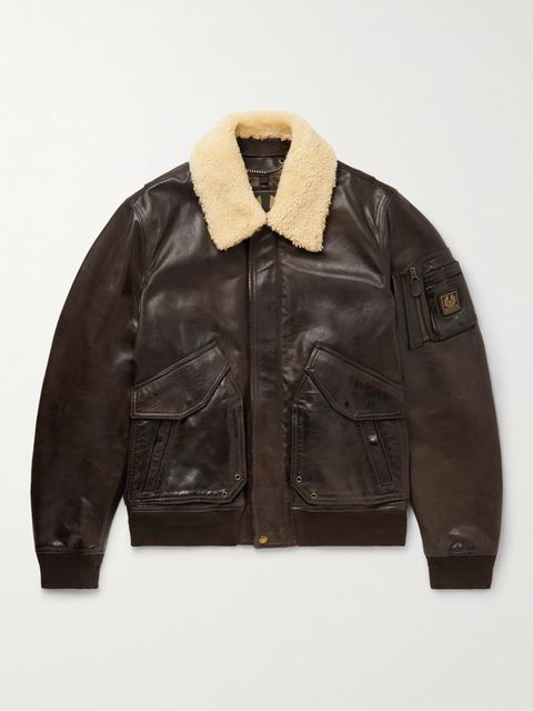 Belstaff Carrier Shearling-Trimmed Full-Grain Leather Bomber Jacket