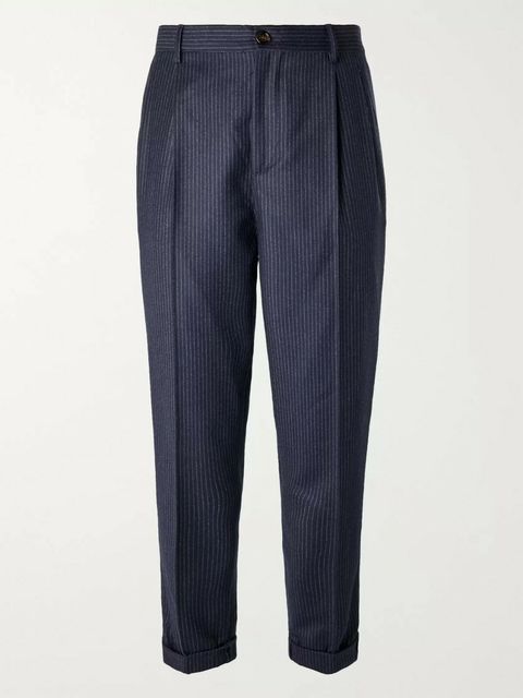 Brunello Cucinelli Cropped Tapered Pleated Pinstriped Wool Trousers