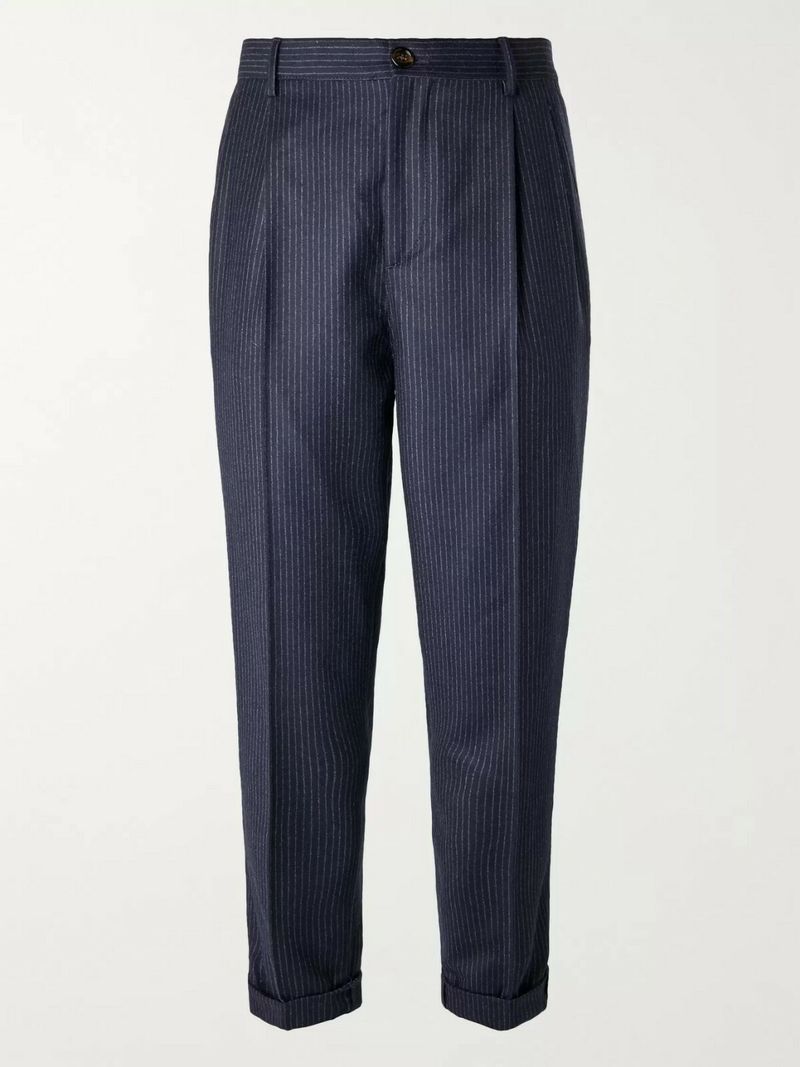 Brunello Cucinelli Cropped Tapered Pleated Pinstriped Wool Trousers — view 1