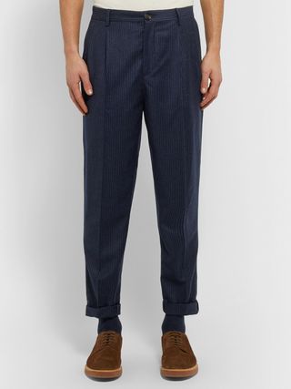 Brunello Cucinelli Cropped Tapered Pleated Pinstriped Wool Trousers — view 4