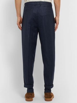 Brunello Cucinelli Cropped Tapered Pleated Pinstriped Wool Trousers — view 5