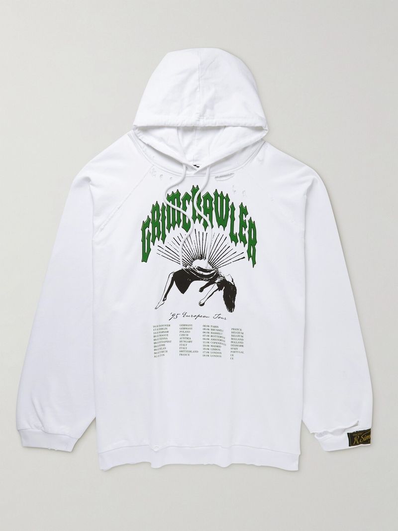 Raf Simons Oversized Distressed Printed Cotton-Jersey Hoodie — view 1