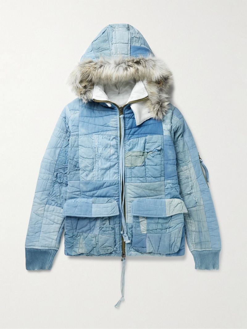 Greg Lauren Scrapwork Faux Fur-Trimmed Quilted Cotton Hooded Jacket — view 1
