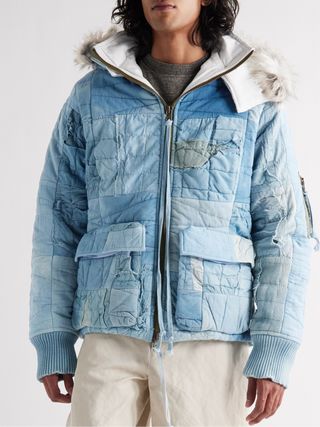 Greg Lauren Scrapwork Faux Fur-Trimmed Quilted Cotton Hooded Jacket — view 4