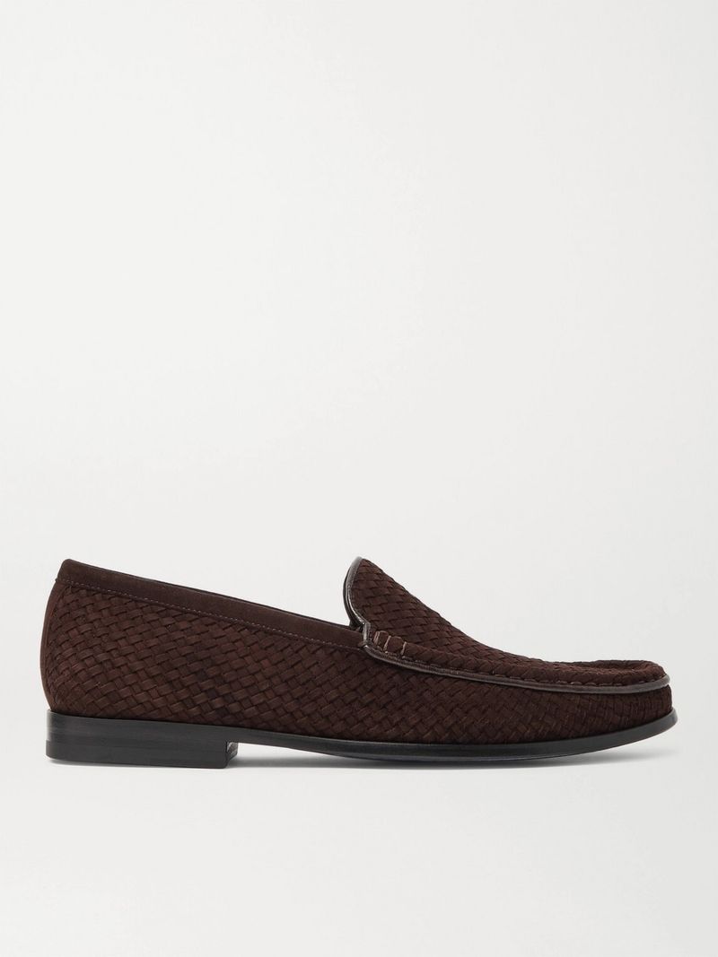 J.M. Weston Collapsible-Heel Leather-Trimmed Woven Suede Loafers — view 1