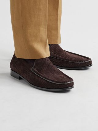 J.M. Weston Collapsible-Heel Leather-Trimmed Woven Suede Loafers — view 3