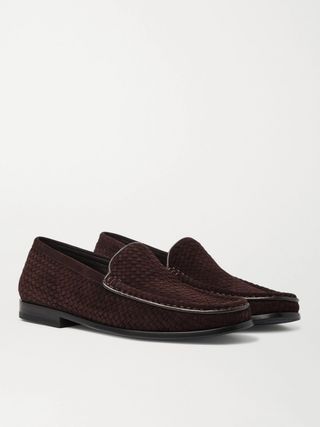 J.M. Weston Collapsible-Heel Leather-Trimmed Woven Suede Loafers — view 4