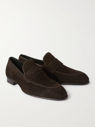 Brioni Leather-Trimmed Suede Penny Loafers — view 2