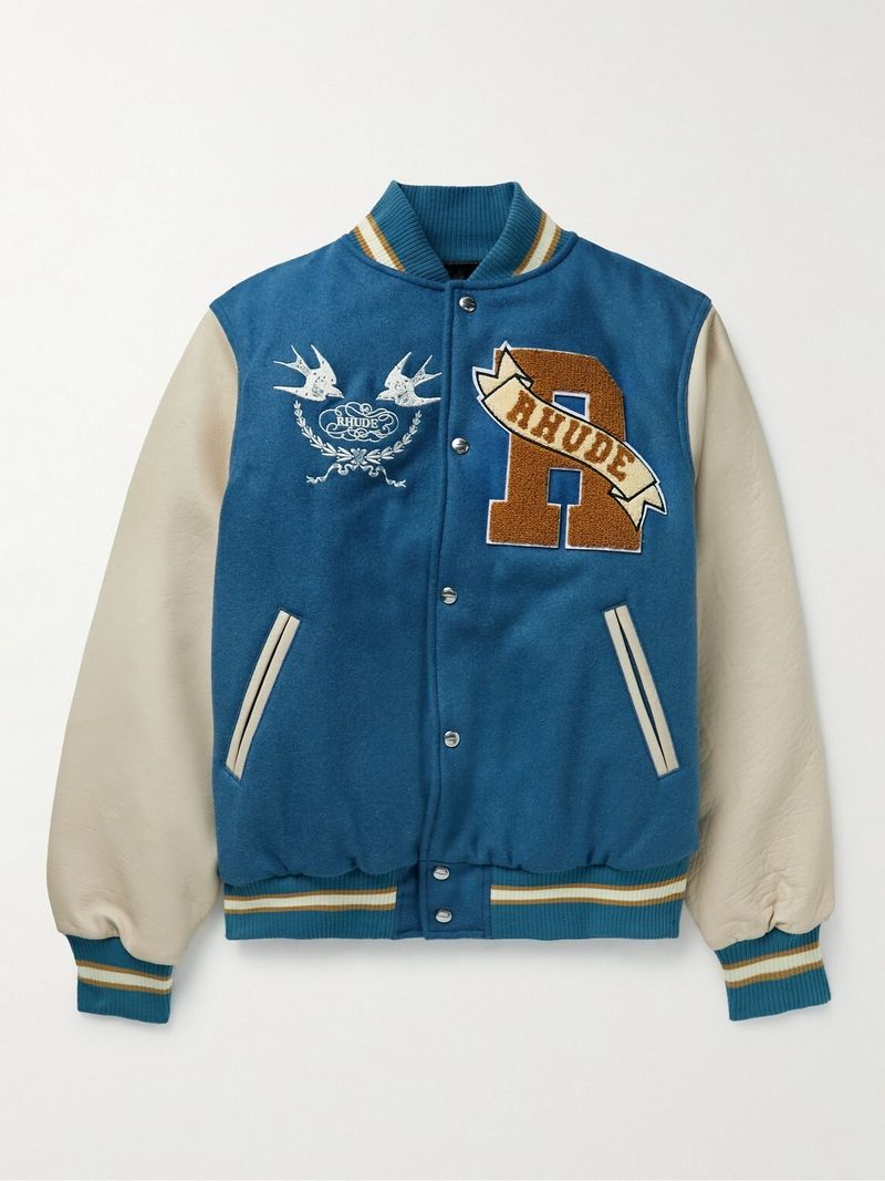 Rhude Embellished Leather-Trimmed Wool-Blend Felt Varsity Jacket — view 1