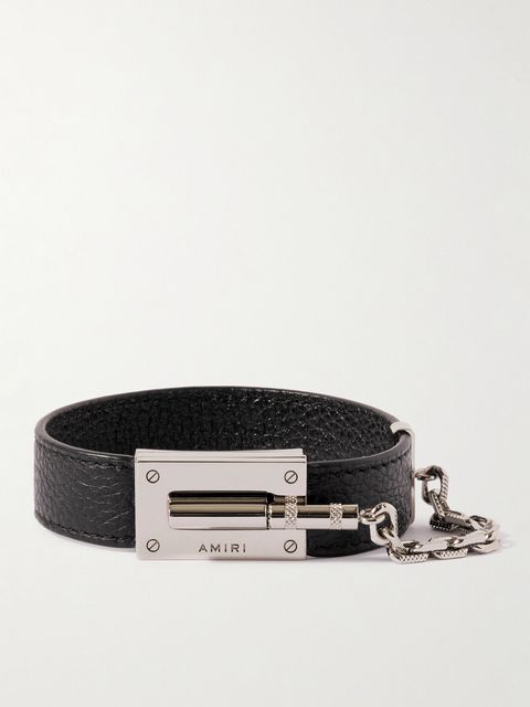 Amiri Pebbled Leather Silver Jax Bracelet New Black
