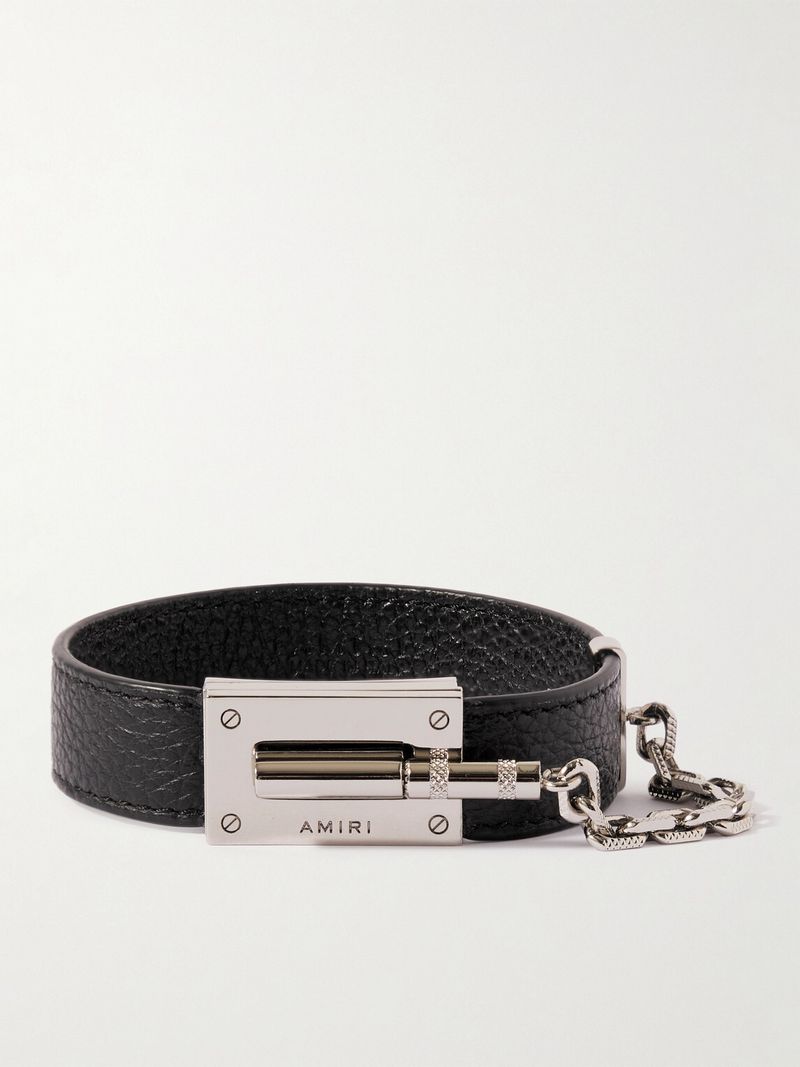 Amiri Pebbled Leather Silver Jax Bracelet New Black — view 1