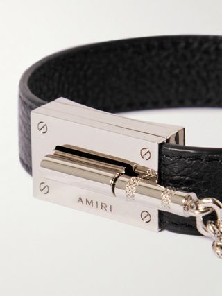 Amiri Pebbled Leather Silver Jax Bracelet New Black — view 6