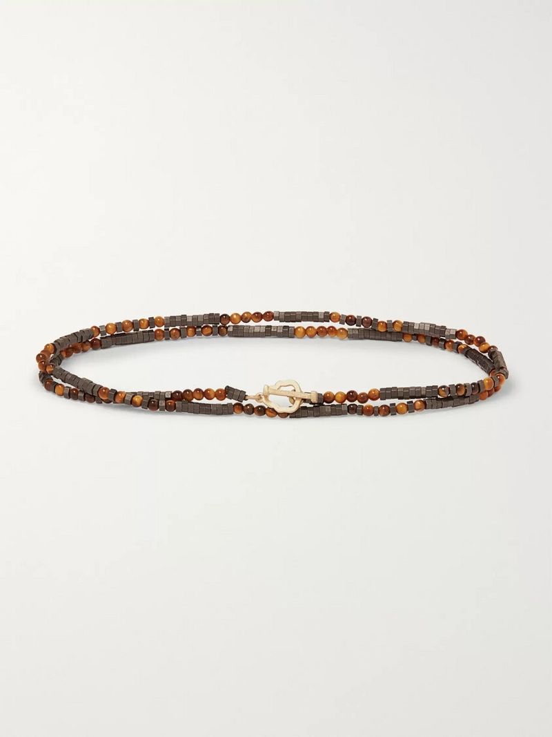 Luis Morais Multi-Stone and Gold Bracelet Wrap Tiger Eye Brown Skull — view 1